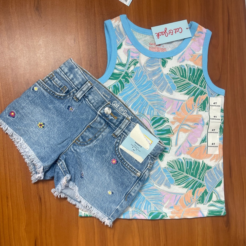 Cat & Jack Girls 4T Tropical Tank Top and Embroidered Denim Shorts Outfit Set